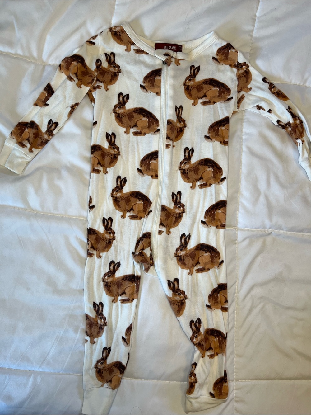 Milkbarn Cream Footed One-Piece with Brown Bunny Print